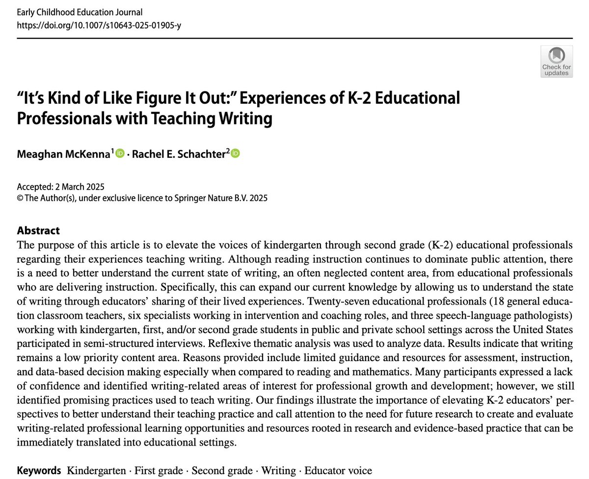 meaghanamckenna's tweet image. 🌟New paper: rdcu.be/eeVRw 🌟Thank you to the educators who spoke openly with us about the challenges they experience teaching K-2 writing while also describing the promising practices they implement evidencing their commitment to high quality early writing instruction.