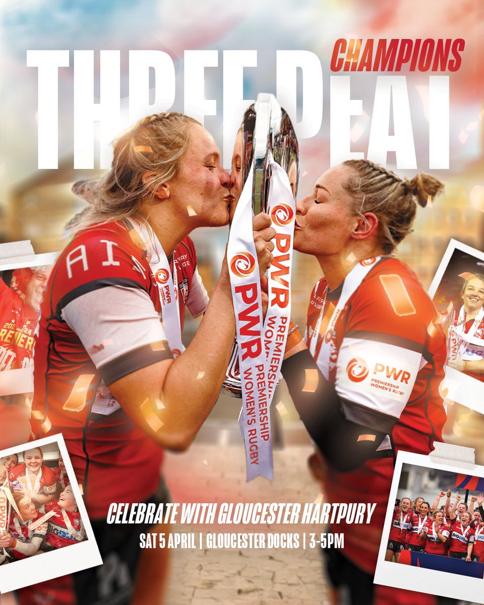 Gloucester Hartpury (@gloshartpury) on Twitter photo 𝗖𝗘𝗟𝗘𝗕𝗥𝗔𝗧𝗘 𝗧𝗛𝗘 𝗧𝗛𝗥𝗘𝗘-𝗣𝗘𝗔𝗧 🏆
Join the <a href="/ThePWR/">Premiership Women's Rugby</a> THREE-PEAT Champions at <a href="/GlosFoodDock/">Gloucester Food Dock</a> from 3-5pm on Saturday 5 April, in the fallow week of the <a href="/Womens6Nations/">Guinness Women's Six Nations</a>, to celebrate our historic back-to-back-to-back victory. 🙌
All the details 👉 𝗖𝗘𝗟𝗘𝗕𝗥𝗔𝗧𝗘 𝗧𝗛𝗘 𝗧𝗛𝗥𝗘𝗘-𝗣𝗘𝗔𝗧 🏆
Join the <a href="/ThePWR/">Premiership Women's Rugby</a> THREE-PEAT Champions at <a href="/GlosFoodDock/">Gloucester Food Dock</a> from 3-5pm on Saturday 5 April, in the fallow week of the <a href="/Womens6Nations/">Guinness Women's Six Nations</a>, to celebrate our historic back-to-back-to-back victory. 🙌
All the details 👉
