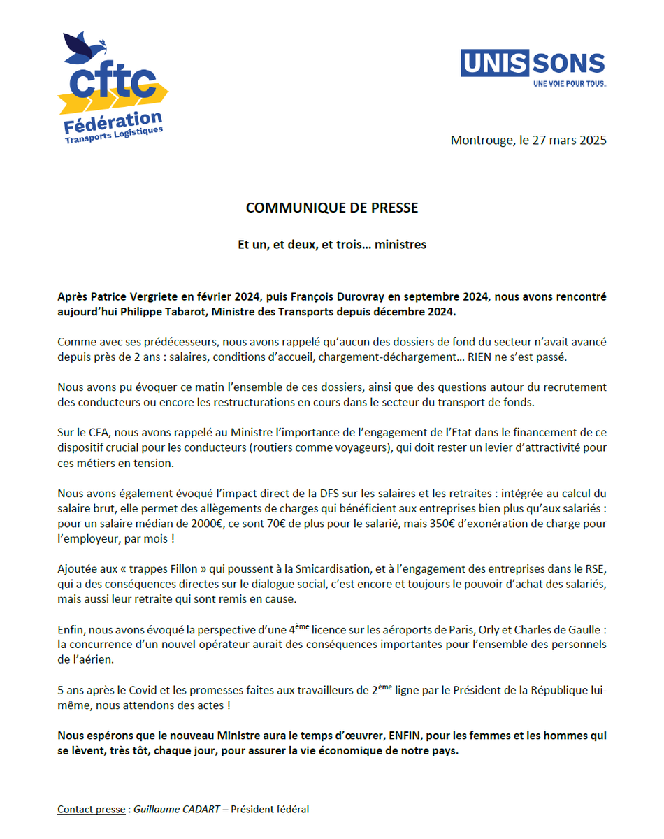 📣 Retrouvez notre communiqué de presse, suite à la rencontre de ce jour de la <a href="/CFTCTransports/">CFTC Transports</a> avec <a href="/PhilippeTabarot/">Philippe Tabarot</a> , Ministre des Transports. 
🚛📦🛫💼💰📈 : CFA, chargement-déchargement, conditions d'accueil, recrutement, évolutions du secteur des #transports !
A lire ici : ⬇️