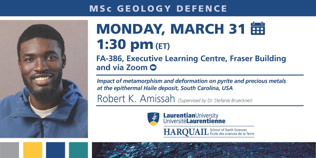 Monday: Join us for Robert K. Amissah's MSc #Geology thesis defence "Impact of metamorphism and deformation on pyrite and precious metals at the epithermal Haile deposit, South Carolina, USA"
1:30 p.m. ET; in-person (FA 386)