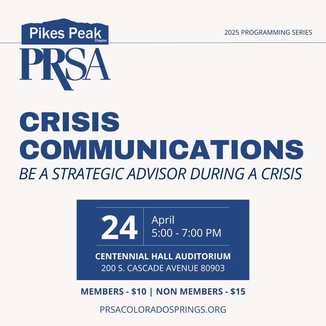 pikespeakPRSA's tweet photo. April Programming: Crisis communications is more than managing the message—it's about leading with strategy, confidence, and credibility.

Reserve your spot today: https://t.co/I2C1NSus40

@PRSAWestDist https://t.co/sCP7yfCDZQ