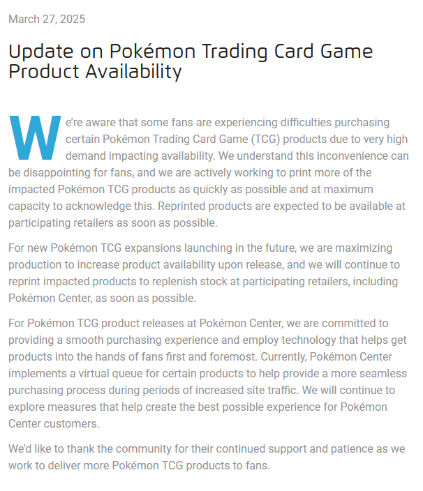 An official statement by The Pokémon Company International about the Pokémon TCG situation #PokemonTCG