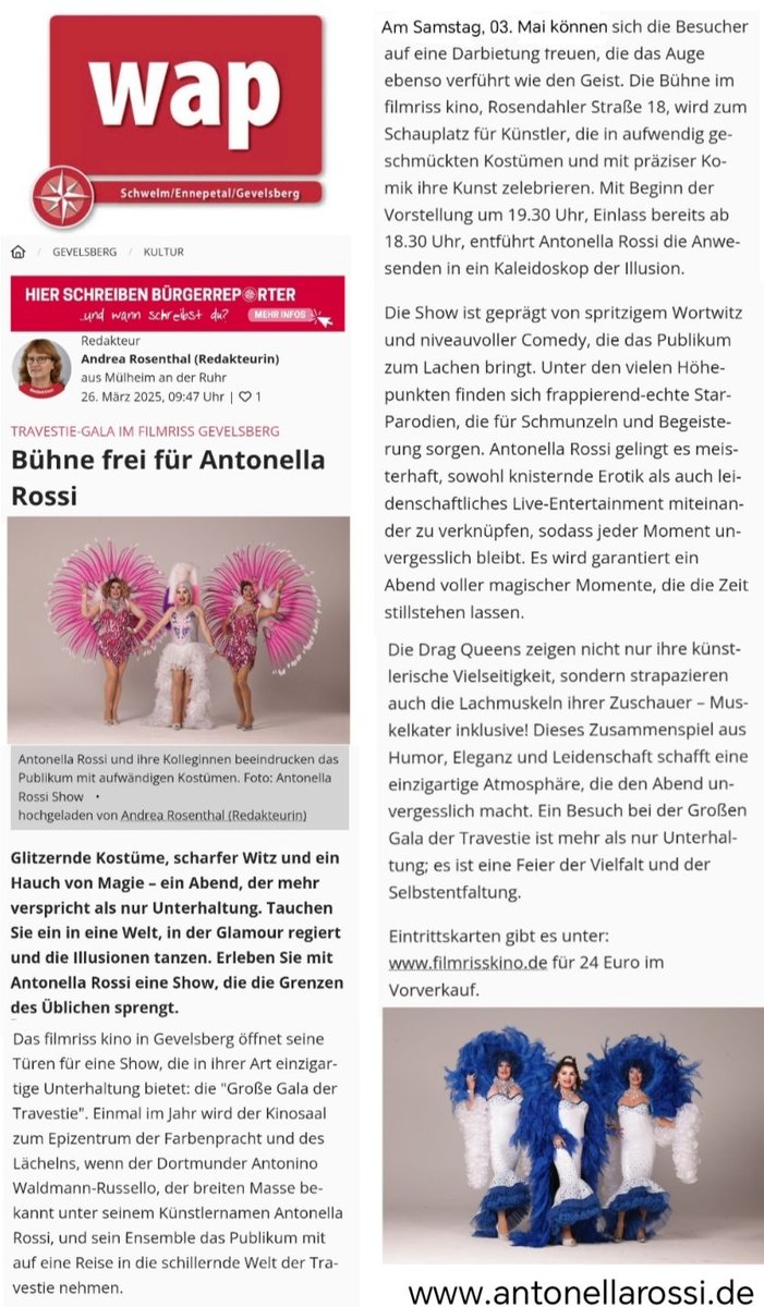 Antonella Rossi (@antonellarossi1) on Twitter photo Vielen Dank lokalkompass.de Lokalkompass.De Lokalkompass EN-Süd <a href="/andrea/">Andrea Schwandt-Arbogast</a> Rosenthal für die Berichterstattung über meine Show am 03. Mai im @filmrissgevelsberg
#gevelsberg #ennepetal #enneperuhrkreis #antonellarossitravestie #antonellarossishow #hagen Vielen Dank lokalkompass.de Lokalkompass.De Lokalkompass EN-Süd <a href="/andrea/">Andrea Schwandt-Arbogast</a> Rosenthal für die Berichterstattung über meine Show am 03. Mai im @filmrissgevelsberg
#gevelsberg #ennepetal #enneperuhrkreis #antonellarossitravestie #antonellarossishow #hagen