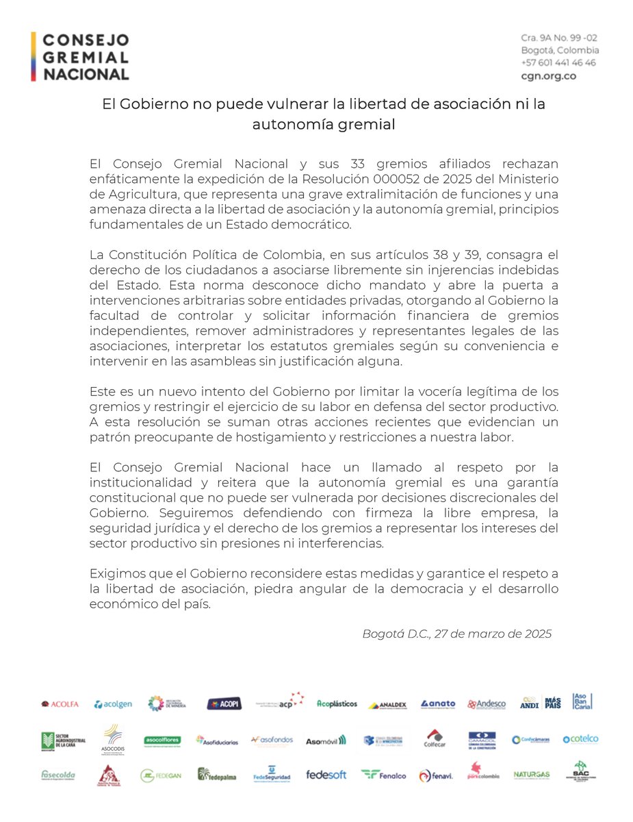 Consejo Gremial (@consejogremial) on Twitter photo El Gobierno Nacional no puede vulnerar la libertad de asociación ni la autonomía gremial <a href="/MinAgricultura/">Min. de Agricultura</a> El Gobierno Nacional no puede vulnerar la libertad de asociación ni la autonomía gremial <a href="/MinAgricultura/">Min. de Agricultura</a>