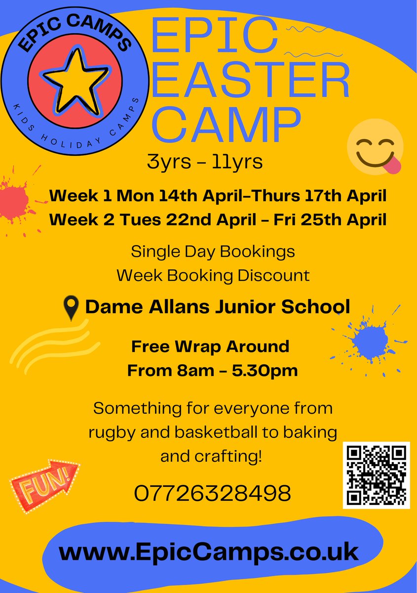This Easter break, we're pleased to offer our families a fantastic holiday camp option via Epic Camps ⬇🐰
.
🐣 Week 1: 14 - 17 April, Week 2: 22 - 25 April, 10am - 3pm (free wrap-around care available)
🐣 Ages 3 - 11  
🐣 From £34/day
.
Find out more ➡ epiccamps.co.uk/book