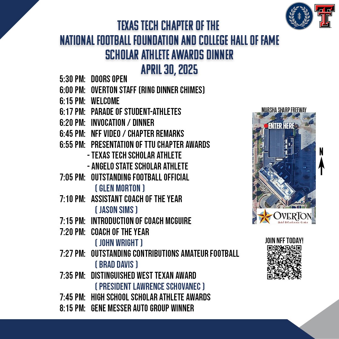 NFFTexasTech's tweet image. The Texas Tech Chapter of the National Football Foundation Scholar Athlete Awards Dinner schedule for Wednesday, April 30, 2025!
