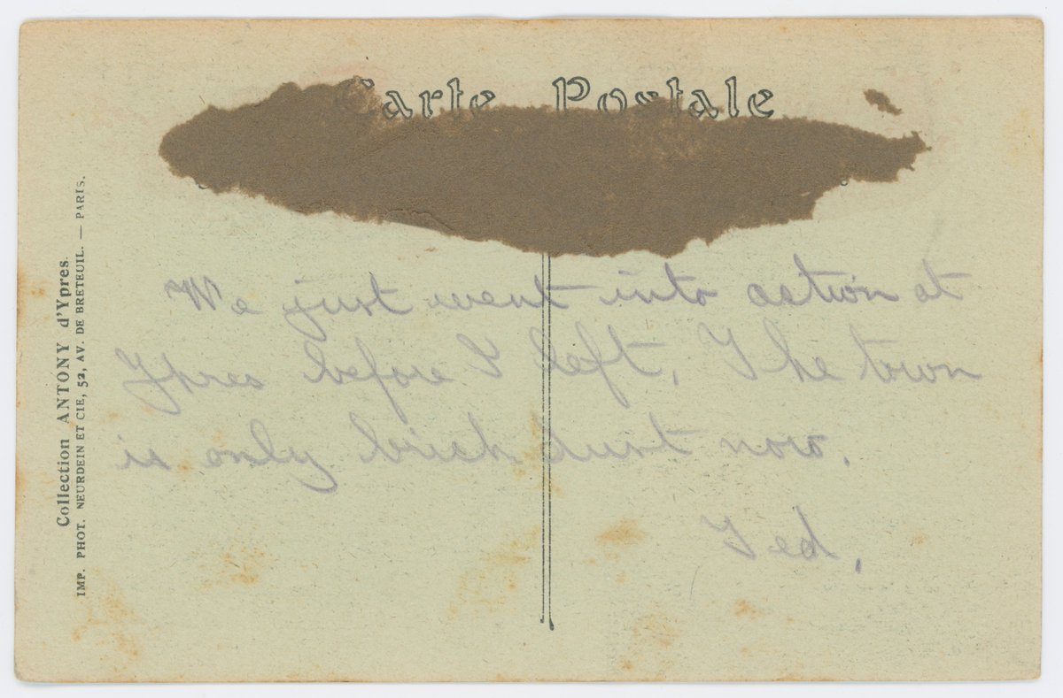 "We just went into action at Ypres before I left. The town is only brick dust now. Ted"

#FWW postcard. My Collection.