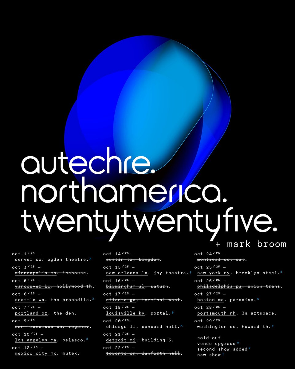 Autechre USA tour sold out and More tickets go on sale Friday 28th March
We added 2nd performances in NYC, LA, Seattle. Venues upgraded in Denver, Chicago, Boston.
Shows added in New Orleans, Louisville, Washington.
Tickets are again expected to go very quick.