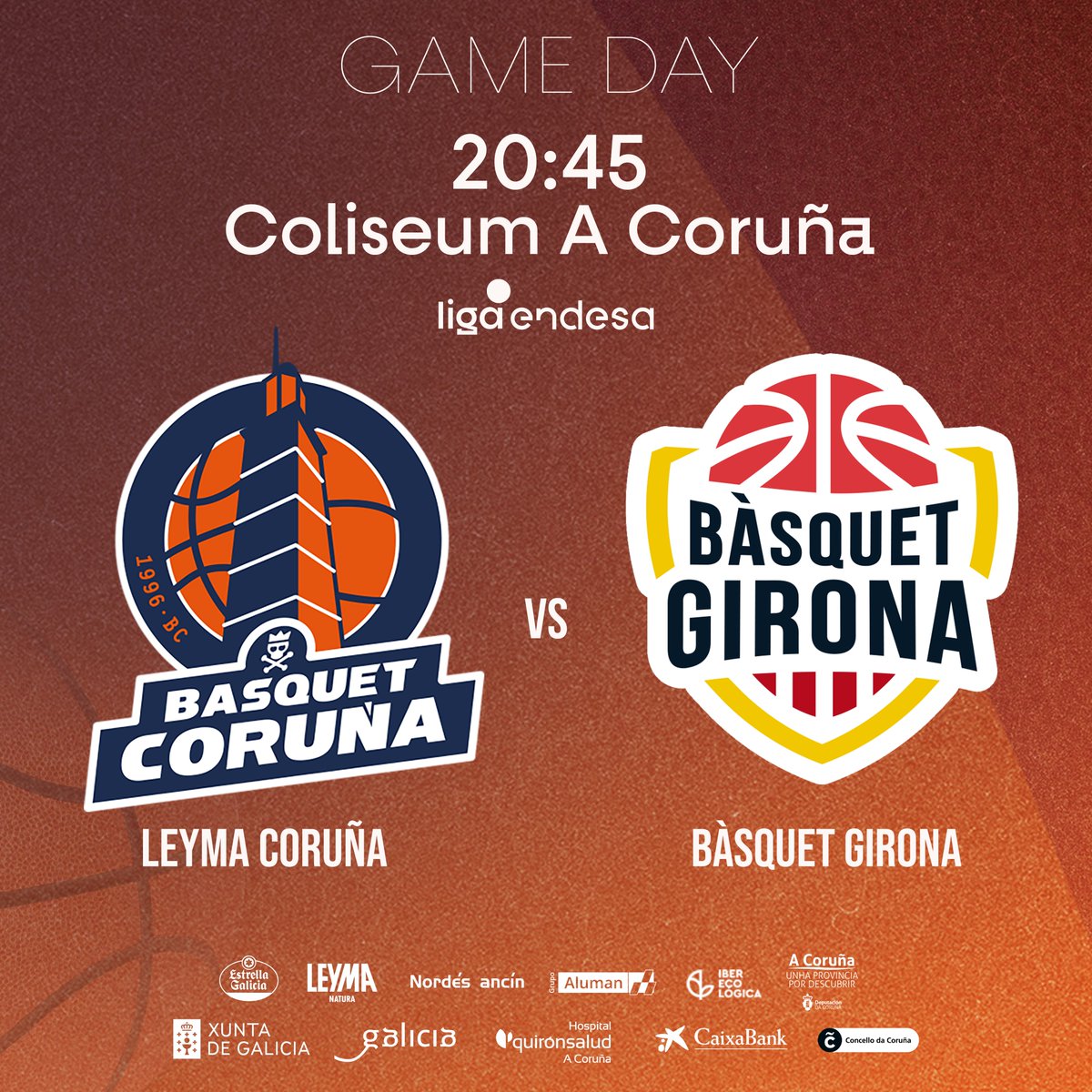 🚨🚨 GAMEDAY 🚨🚨

Quen teña honra... ⚔️

🏀 Jornada 25
⛹🏽 vs <a href="/BasquetGirona/">Bàsquet Girona</a>  
📅 Sábado 29
⏰ 20:45H
📍 Coliseum A Coruña
🖥️ Deportes 3 (Dial 65)

📲 #FagamosLenda🧡