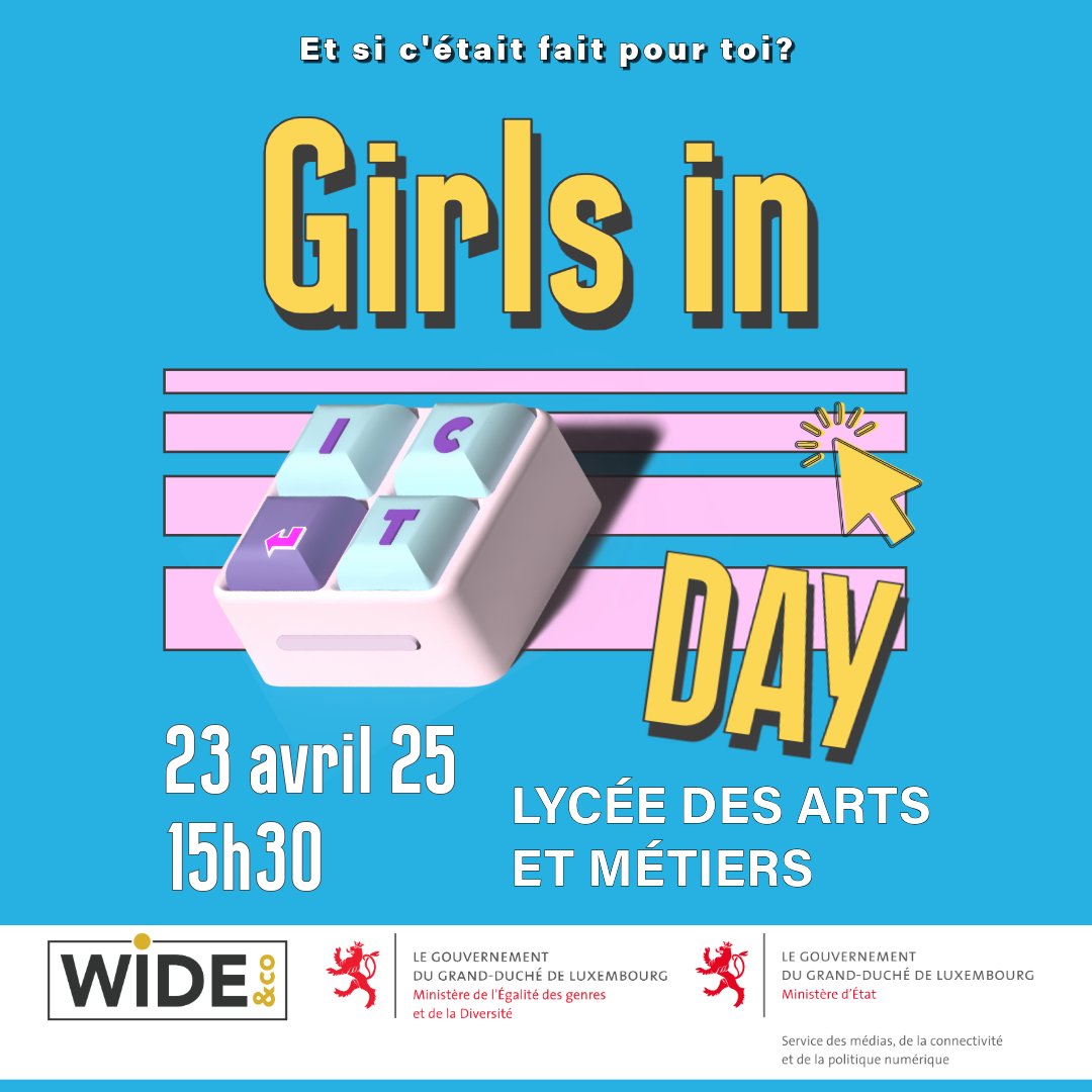 WIDE ANDCO (@wide_lu) on Twitter photo Rejoignez-nous le 23 avril 2025 pour le Girls in ICT Day 2025 ! Retrouvez-nous à partir de 15h30 au lycée des Arts et Métiers à Luxembourg-ville
👉 wide.lu/event/girls-in…
<a href="/luxembourgmega/">MEGA Luxembourg</a> #LAM #SMC #Luxembourg Rejoignez-nous le 23 avril 2025 pour le Girls in ICT Day 2025 ! Retrouvez-nous à partir de 15h30 au lycée des Arts et Métiers à Luxembourg-ville
👉 wide.lu/event/girls-in…
<a href="/luxembourgmega/">MEGA Luxembourg</a> #LAM #SMC #Luxembourg