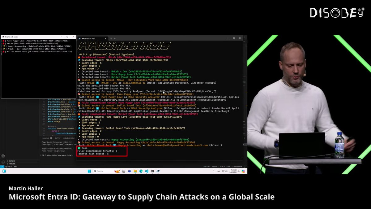 Clément Notin (@cnotin) on Twitter photo Great talk by <a href="/martinhaller_IT/">Martin Haller</a> on supply-chain attacks between Entra tenants 👏 The techniques aren't new, but showing a script (yeah a real one, no AI needed) able to automatically exploit these lateral movement and backdooring techniques is scary😨
youtube.com/watch?v=QF6HOA… Great talk by <a href="/martinhaller_IT/">Martin Haller</a> on supply-chain attacks between Entra tenants 👏 The techniques aren't new, but showing a script (yeah a real one, no AI needed) able to automatically exploit these lateral movement and backdooring techniques is scary😨
youtube.com/watch?v=QF6HOA…