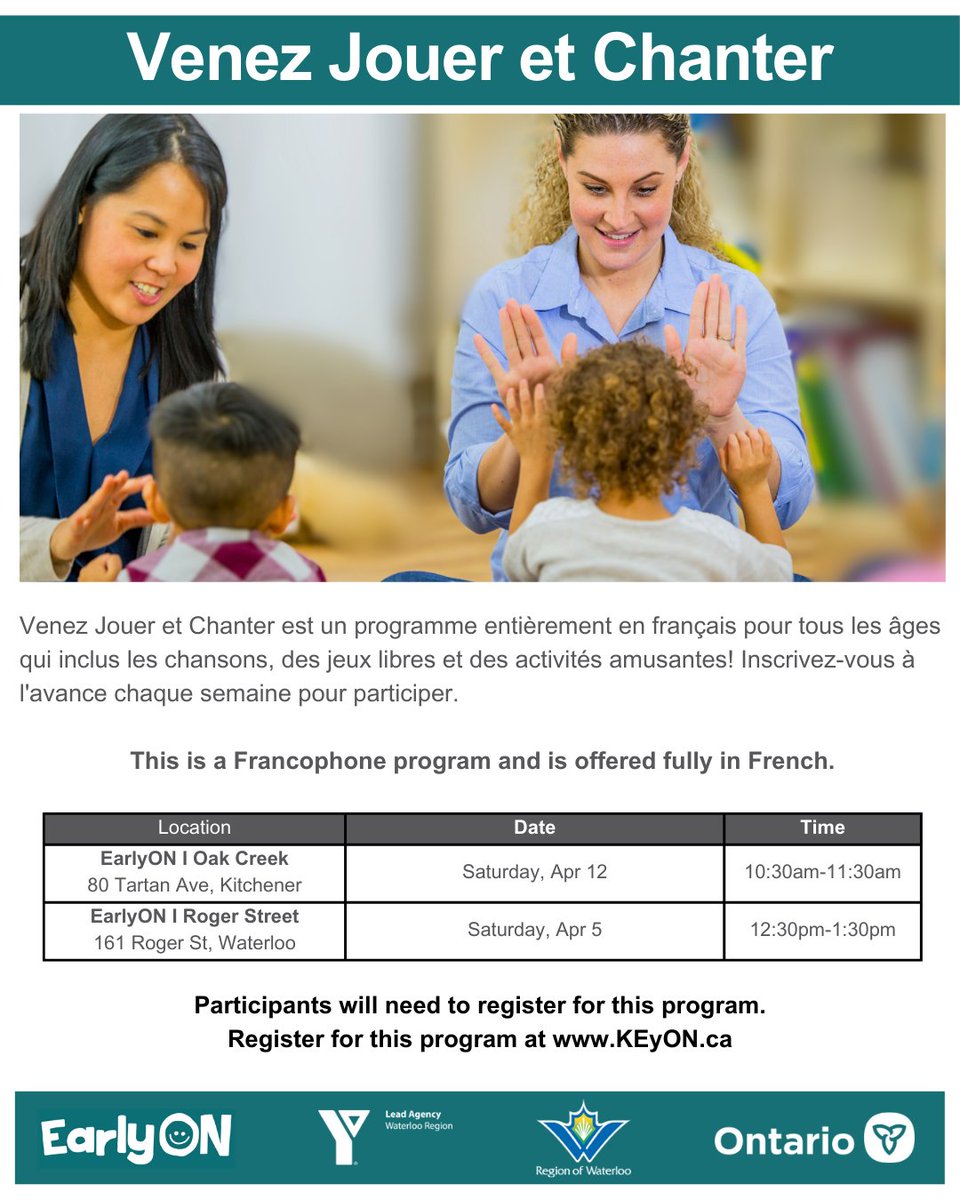 Venez Jouer et Chanter est un programme entièrement en #français pour tous les âges qui inclus les chansons, des jeux libres et des activités amusantes! Inscrivez-vous à l'avance chaque semaine pour participer.