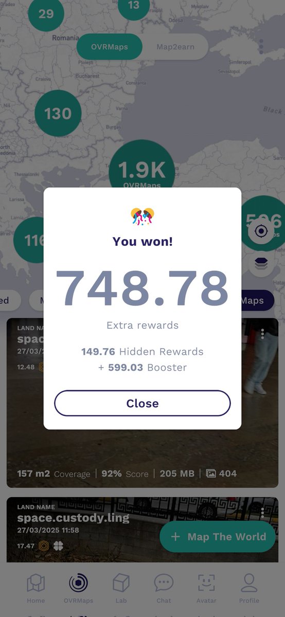 I received 748 $OVR from 9 hidden rewards! That's around $85, and with the direct rewards it must be around $100! Mapping 9 OVRlands took me less than 20minutes! #maptheworld #depin #map2earn