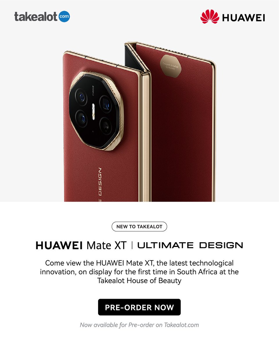 TAKEALOT's tweet image. Exciting News, South Africa! 🚨 Be among the first to see the highly anticipated HUAWEI Mate XT at the Takealot House of Beauty this weekend! Pre-order now ow.ly/kTuW50VpQrP. Official launch: 1 April 2025 .💎 #HuaweiMateXT #UltimateDesign #Takealot