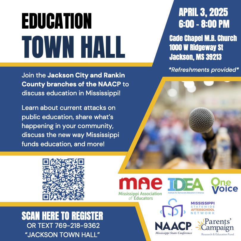 IDEA Institute for Democratic Education in America (@goodideafolks) on Twitter photo Education Town Hall – April 3 in Jackson, MS
Join <a href="/NAACP/">NAACP</a> Jackson & Rankin County branches to talk about:
🔹 Attacks on public education
🔹 MS’s new school funding
🔹 Local challenges & solutions
📲 Text “JACKSON TOWN HALL” to 769-218-9362 to RSVP
#JacksonMS #PublicEducation Education Town Hall – April 3 in Jackson, MS
Join <a href="/NAACP/">NAACP</a> Jackson & Rankin County branches to talk about:
🔹 Attacks on public education
🔹 MS’s new school funding
🔹 Local challenges & solutions
📲 Text “JACKSON TOWN HALL” to 769-218-9362 to RSVP
#JacksonMS #PublicEducation