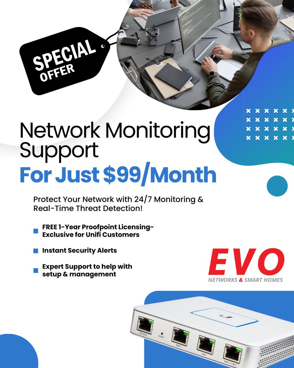 NetworksEvo's tweet photo. Protect Your Network with EVO Networks!  
 Just $99/Month for 24/7 Monitoring &amp; Real-Time Threat Detection

 UniFi Customers: Get a FREE 1-Year CyberSecure by Proofpoint License when you sign up!

 Call 954-866-1600 to get started today! https://t.co/cwESsZxGsf