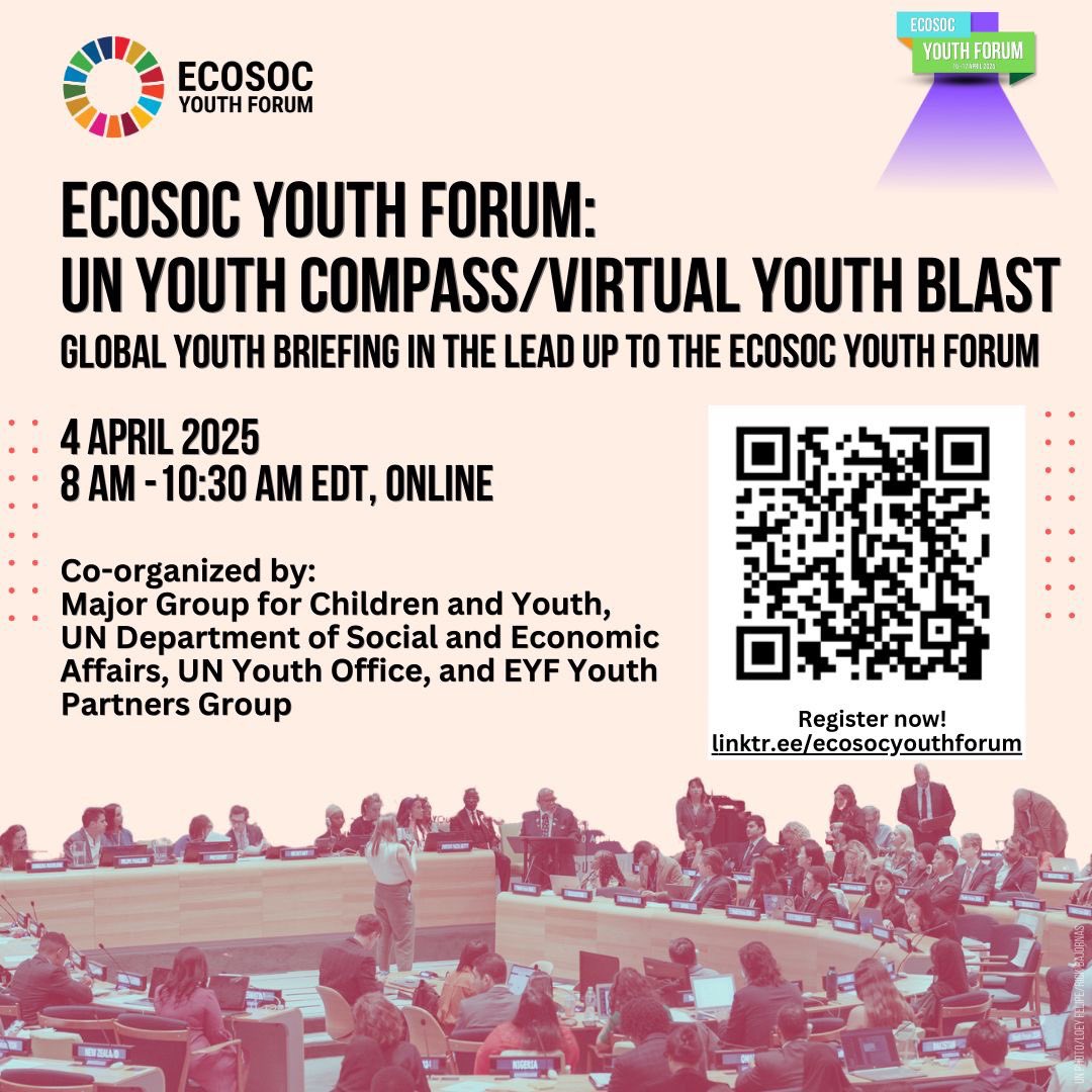 📣 Announcing the ECOSOC Youth Forum: UN Youth Compass/Virtual Youth Blast!

Join <a href="/UNMGCY/">MGCY</a>, UN DESA, the UN Youth Office, and the ECOSOC Youth Forum Partners Group for a global youth briefing ahead of the ECOSOC Youth Forum.

🔗 Register: linktr.ee/ecosocyouthfor…