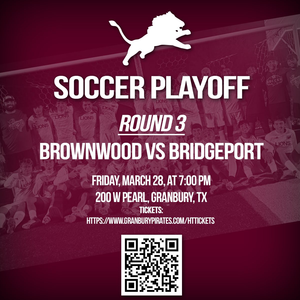 The Brownwood vs Bridgeport Round 3 Soccer Playoff will be held at 7:00 pm at Granbury Soccer Field (200 W Pearl, Granbury, TX).Tickets: granburypirates.com/HTtickets ⚽🏆🦁 #GoLions #BwdPride
