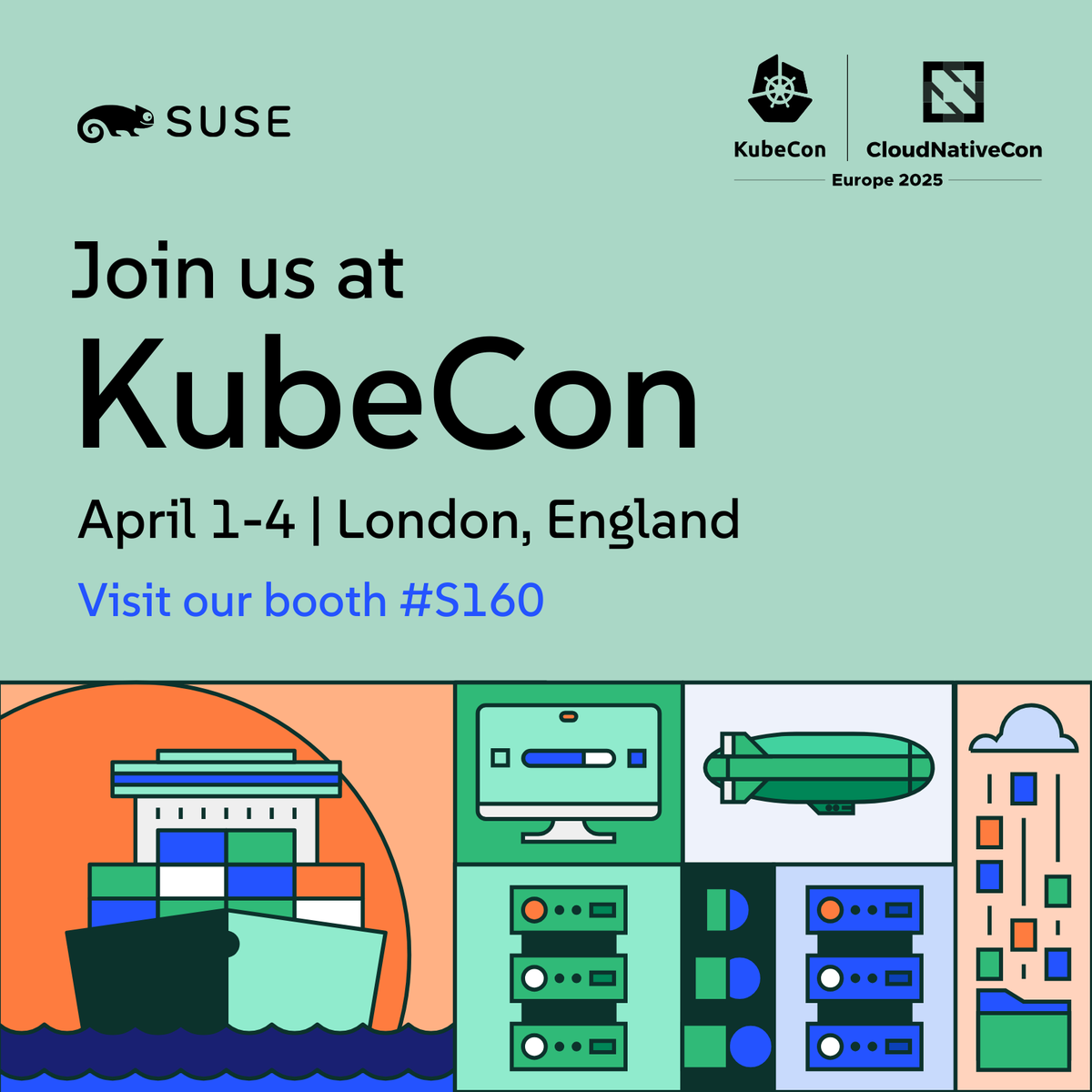 SUSE's tweet photo. ☁️ We're excited to join #KubeCon Europe 2025 in London! ✅ Visit us at booth #S160 to watch our demos and discover how we can help you accelerate your digital transformation, using the industry’s most innovative cloud native technologies. 🔗https://t.co/nKTTZsyvx8 https://t.co/snds4B1ZXg