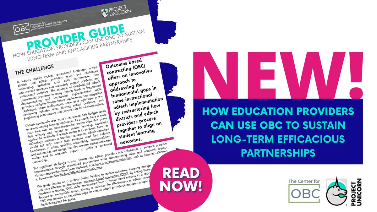 projunicorn's tweet image. Discover how education providers can use Outcomes Based Contracting (OBC) to sustain impactful district partnerships. The OBC + Project Unicorn Provider Guide explores strategies for aligning funding with student success. projectunicorn.org/resources/obc-… 
#Edtech #OBC #ProjectUnicorn