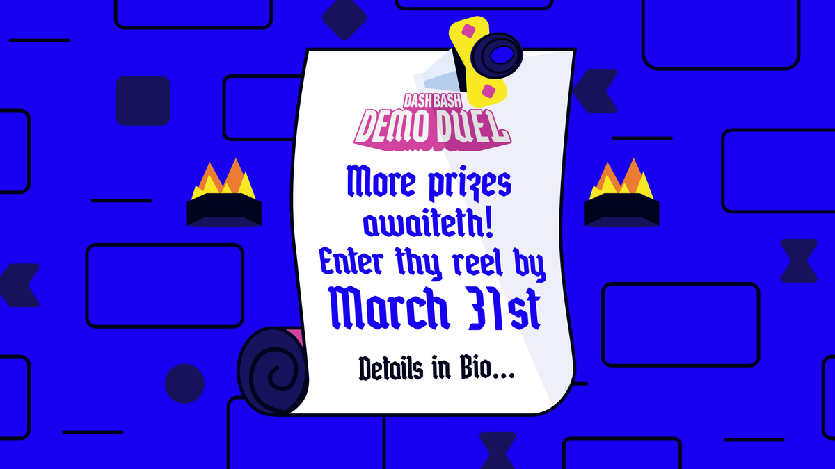 Hear ye hear ye! Final call to get in on some of these amazing giveaways just for submitting your reel to the 1st ever Dash Bash Demo Duel competition! Deadline is March 31st - do you have the best Demo Reel? You don't have to attend the Bash to enter.

dashbash.net/demo-duel