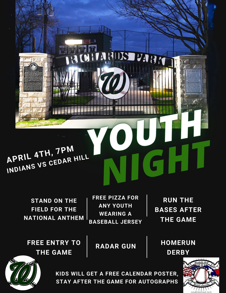 Save the date! Next Friday is Youth Night at Richard’s Park!! The Indians will be taking on the Cedar Hill Longhorns. #exceedtheexpectation #sweepthesheds🧹 
<a href="/hachiesports/">Waxahachie ISD Athletics</a> <a href="/WaxahachieISD/">Waxahachie ISD</a>
