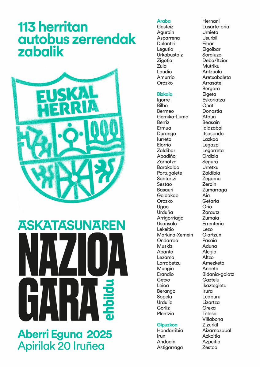 Apirilaren 20ko #AberriEguna25 ezin duzunez galdu, 120 autobus inguru antolatu ditugu Iruñean egoteko. Eta, nola ez, garraio publikoa ere erabili!

Hamaika arrazoi Euskal Herria ospatzeko eta askatasunaren #NazioaGara aldarrikatzeko! 💫