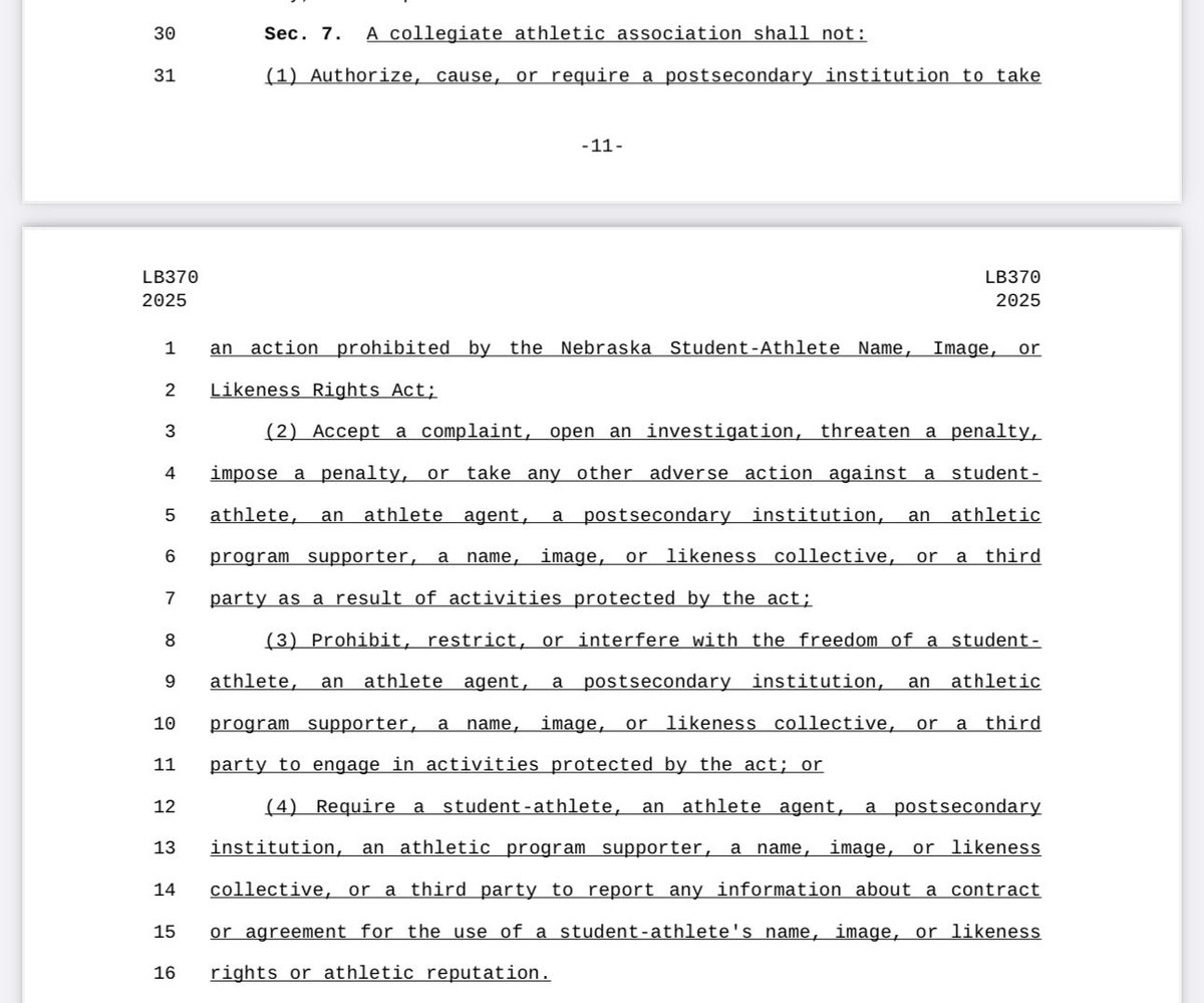 Nebraska has a bill to amend its NIL law that’s gone under the radar.

It gives athletes the right to enter into deals with collectives &amp; says the NCAA can’t prohibit/interfere with that right.

It also says the NCAA can’t require athletes or schools to disclose 3rd party deals.