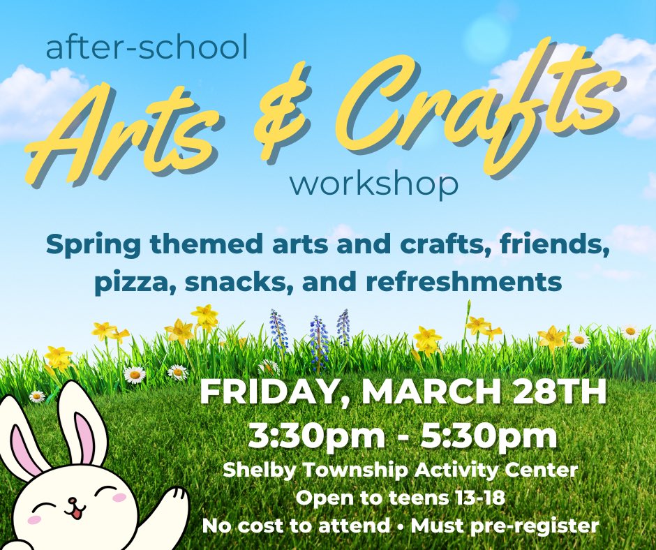 KnowResolve is hosting a FREE after-school arts &amp; crafts workshop for teens TOMORROW, March 28 from 3:30-5:30PM at the Shelby Township Activity Center!
 
Open to teens 13-18. All supplies, materials, and food provided. Pre-registration is required at KnowResolve.org