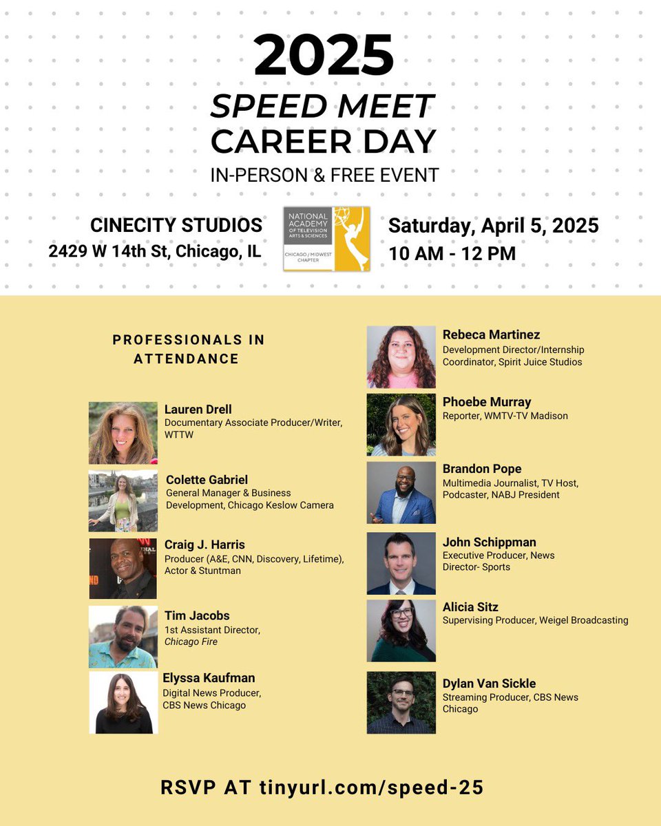 Save the date -- Saturday, April 5th is our 2025 Speed Meet Career Day!

Join us for this FREE event in-person at CineCity Studios Chicago from 10am-2pm to network with our amazing professionals.

RSVP at tinyurl.com/speed-25