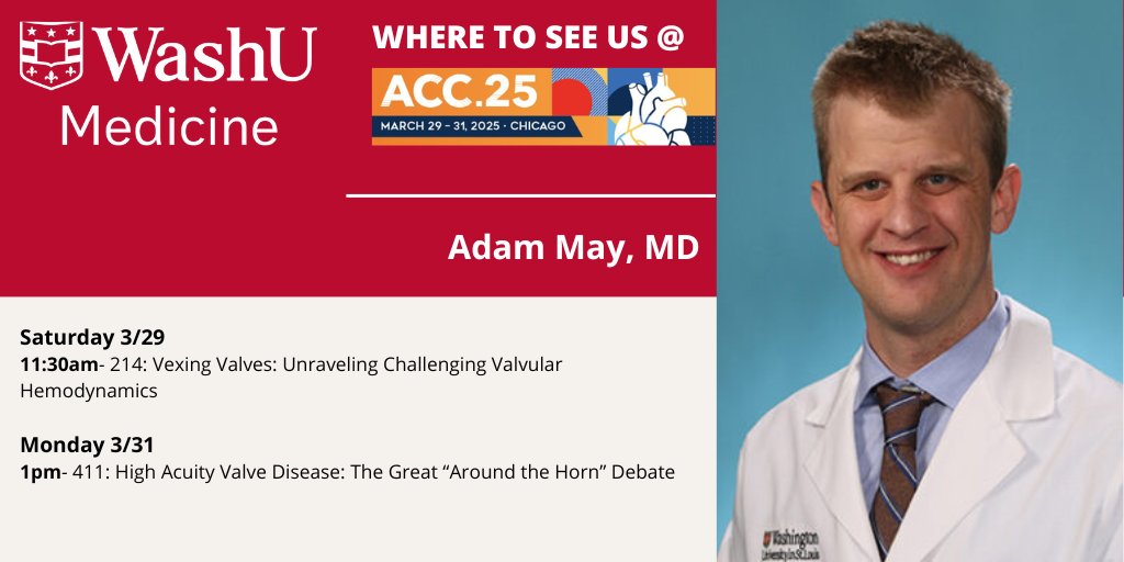 Where to find WashU Cardiology at #ACC25 !  Here's where you can see Dr. Adam May:
<a href="/AdamMay64908870/">Adam May</a>