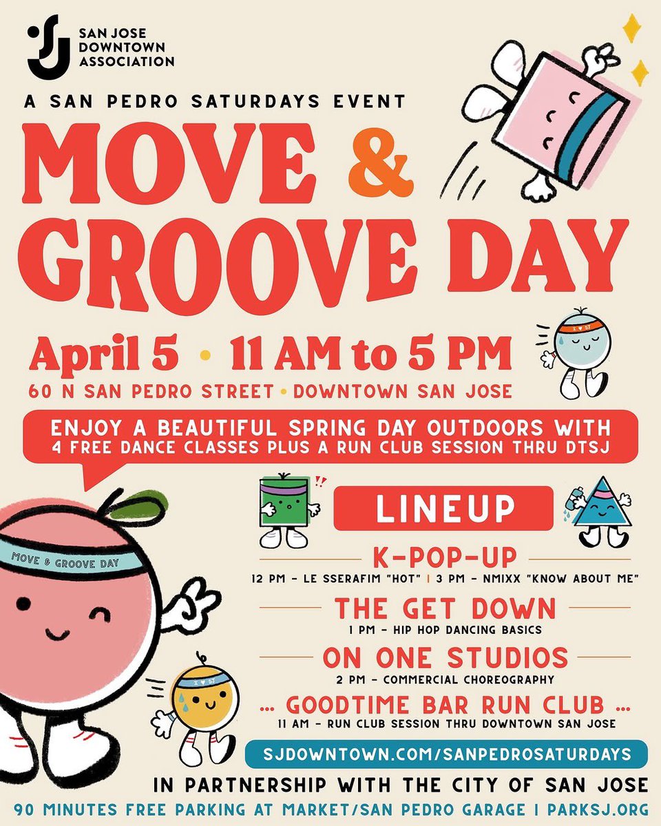 💃 Move &amp; Groove Day is next Saturday, April 5 from 11am - 5pm! Admission is free.

👉 View more info at sjdowntown.com/sanpedrosaturd… or sanjosemade.com