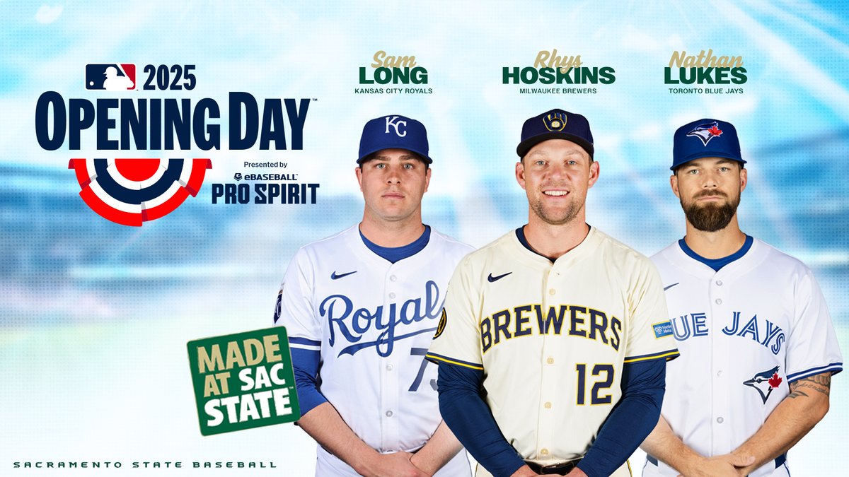 Sac State Baseball (@sacstbaseball) on Twitter photo ππΌπππ πππππππ πΏπΌπ!
Good luck to our Hornet alums as <a href="/MLB/">MLB</a> celebrates Opening Day 2025!
<a href="/rhyshoskins/">Rhys Hoskins</a> with <a href="/Brewers/">Milwaukee Brewers</a>
Sam Long with <a href="/Royals/">Kansas City Royals</a>
Nathan Lukes with <a href="/BlueJays/">Toronto Blue Jays</a>
#StingersUp x #HornetsInThePros
π°: hornetsports.com/news/2025/3/27β¦ ππΌπππ πππππππ πΏπΌπ!
Good luck to our Hornet alums as <a href="/MLB/">MLB</a> celebrates Opening Day 2025!
<a href="/rhyshoskins/">Rhys Hoskins</a> with <a href="/Brewers/">Milwaukee Brewers</a>
Sam Long with <a href="/Royals/">Kansas City Royals</a>
Nathan Lukes with <a href="/BlueJays/">Toronto Blue Jays</a>
#StingersUp x #HornetsInThePros
π°: hornetsports.com/news/2025/3/27β¦