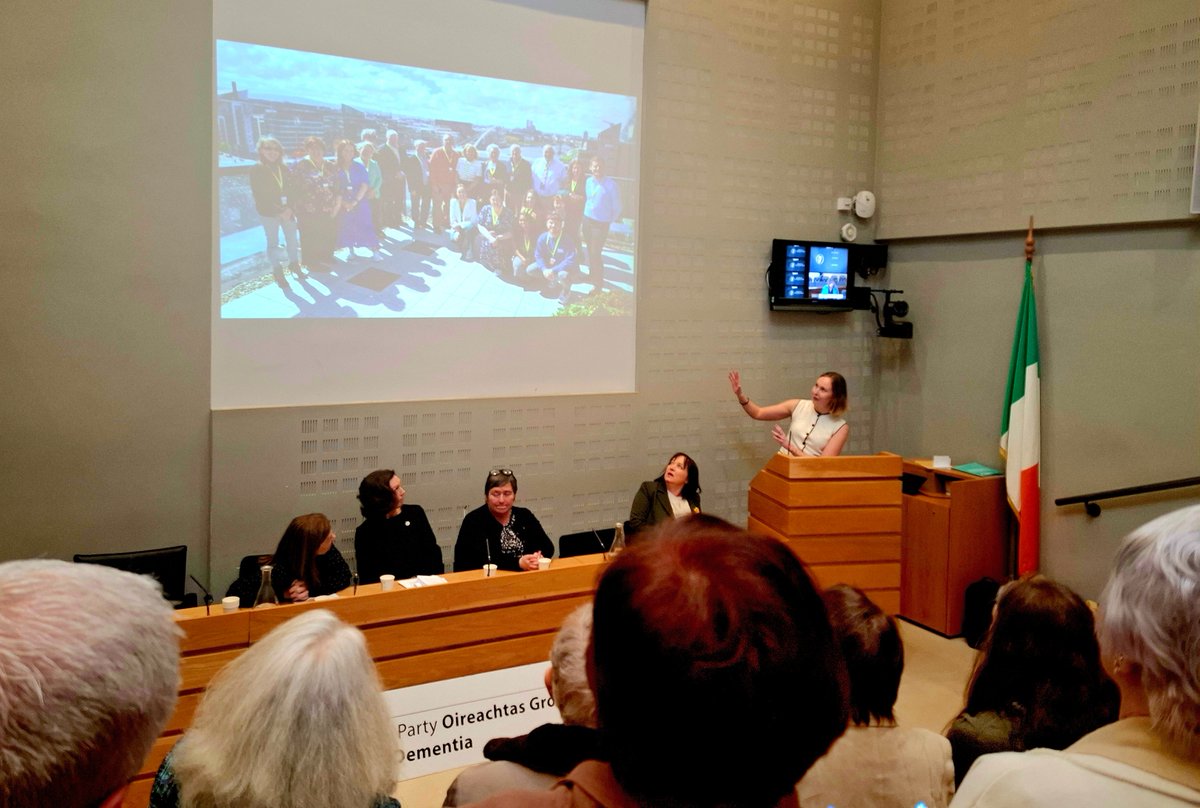 Thrilled to have the work of the Dementia Research Advisory Team shared on the big screen in the AV Room in Leinster House yesterday. Always happy to answer an #PPI or research involvement questions as needed.