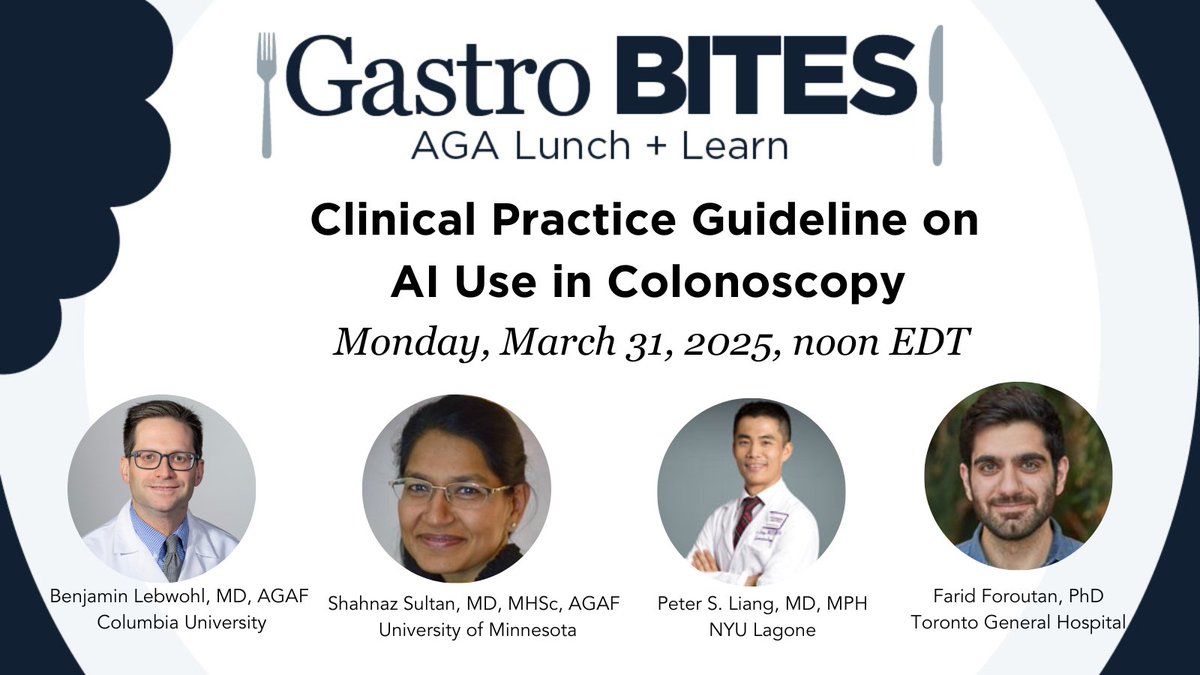 American Gastroenterological Association (AGA) (@amergastroassn) on Twitter photo 🌟Get expert insights on the new guideline by <a href="/SultanShazi/">Shahnaz Sultan</a> <a href="/dlshung/">Dennis Shung</a> <a href="/JenKolbMD/">Jennifer Kolb</a> <a href="/petersliang/">Peter Liang, MD MPH</a> <a href="/ShaziaMSiddique/">Shazia Siddique MD MS</a> <a href="/BenjaminLebwohl/">Benjamin Lebwohl</a> - it finds #AI for #colorectalcancer detection promising but did not recommend for universal use.
Register for March 31 webinar: ow.ly/WYm050VoQow 🌟Get expert insights on the new guideline by <a href="/SultanShazi/">Shahnaz Sultan</a> <a href="/dlshung/">Dennis Shung</a> <a href="/JenKolbMD/">Jennifer Kolb</a> <a href="/petersliang/">Peter Liang, MD MPH</a> <a href="/ShaziaMSiddique/">Shazia Siddique MD MS</a> <a href="/BenjaminLebwohl/">Benjamin Lebwohl</a> - it finds #AI for #colorectalcancer detection promising but did not recommend for universal use.
Register for March 31 webinar: ow.ly/WYm050VoQow