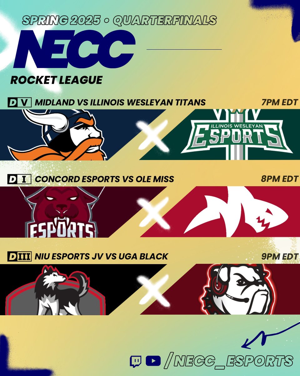 NECC (@neccgames) on Twitter photo Rocket League Week 8 Kickoff is HERE! ⚽ 🚗
Tonight, we have three Rocket League matchups as we inch closer to playoffs 🤩
<a href="/midland_esports/">Midland University Esports</a> vs <a href="/IWU_Esports/">IWU Esports</a> at 7pm EST | D5
<a href="/EsportsConcord/">Concord Esports</a> vs @OleMissEsports at 8pm EST | D1
<a href="/EsportsNIU/">NIU Esports</a> vs <a href="/EsportsUGA/">Esports at UGA</a> Black at 9pm EST | D3 Rocket League Week 8 Kickoff is HERE! ⚽ 🚗
Tonight, we have three Rocket League matchups as we inch closer to playoffs 🤩
<a href="/midland_esports/">Midland University Esports</a> vs <a href="/IWU_Esports/">IWU Esports</a> at 7pm EST | D5
<a href="/EsportsConcord/">Concord Esports</a> vs @OleMissEsports at 8pm EST | D1
<a href="/EsportsNIU/">NIU Esports</a> vs <a href="/EsportsUGA/">Esports at UGA</a> Black at 9pm EST | D3