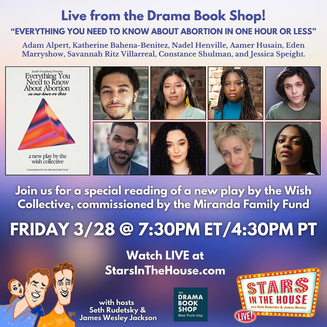 🚨 We refuse to be silenced on reproductive rights!!!   Tomorrow night: The Miranda Family Fund presents a livestream reading of “EVERYTHING YOU NEED TO KNOW ABOUT ABORTION IN ONE HOUR OR LESS” - the powerful play we commissioned earlier this year from The Wish Collective. 

Join