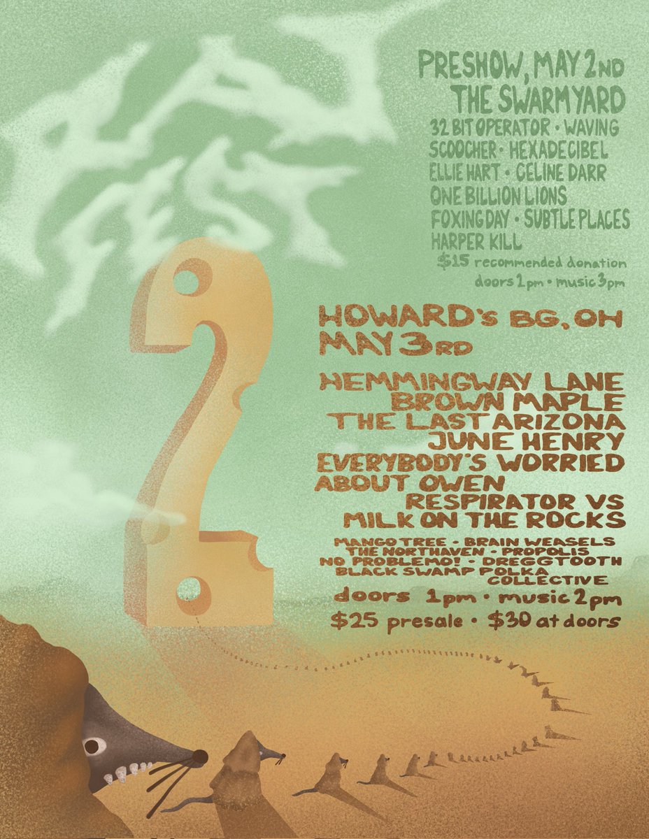 RAT FEST TWO, TICKETS NOW AVAILABLE!!!

24 artists over 2 days, between 2 venues! Day 1 is at The Swarmyard, with a $15 rec donation, and day 2 is at Howards with $25 presale/$30 at doors! 

Tickets HERE: ticketleap.events/tickets/beauti…

Flyer by Matthew Bowlus!