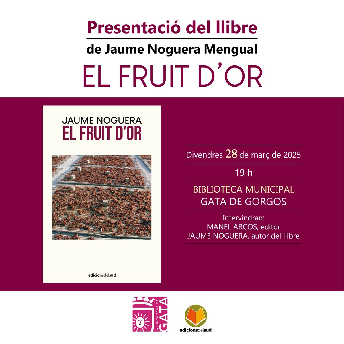 La  Biblioteca Pública Municipal «Carme Miquel» de Gata de Gorgos acull aquest divendres, a les 19 h, la presentació de la novel·la EL FRUIT  D'OR, de Jaume Noguera. Introduirà l'acte l'editor <a href="/ManelArcos/">Manel Arcos</a>.
<a href="/Inf_MarinaAlta/">INFORMACIÓN_Marina</a> <a href="/deniacom/">Dénia.com</a> <a href="/CANFALIma/">Canfali Marina Alta</a>