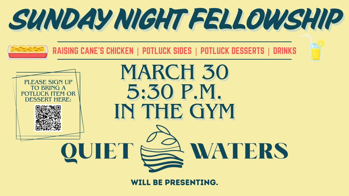 Sunday Night Fellowship is this Sunday! If you plan on joining us, please sign up to bring a dessert or side here: signupgenius.com/go/10C094AA4A7…