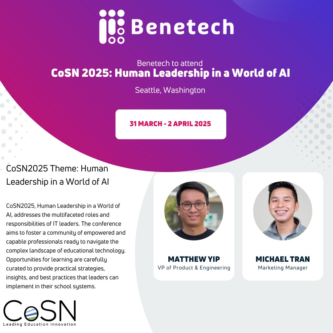 Join us in Seattle from March 31 - April 2 for CoSN 2025: Human Leadership in a World of AI, where IT leaders will explore the intersection of education technology, accessibility, and AI-driven learning solutions. Learn more about the conference: cosn2025.eventscribe.net #CoSN2025