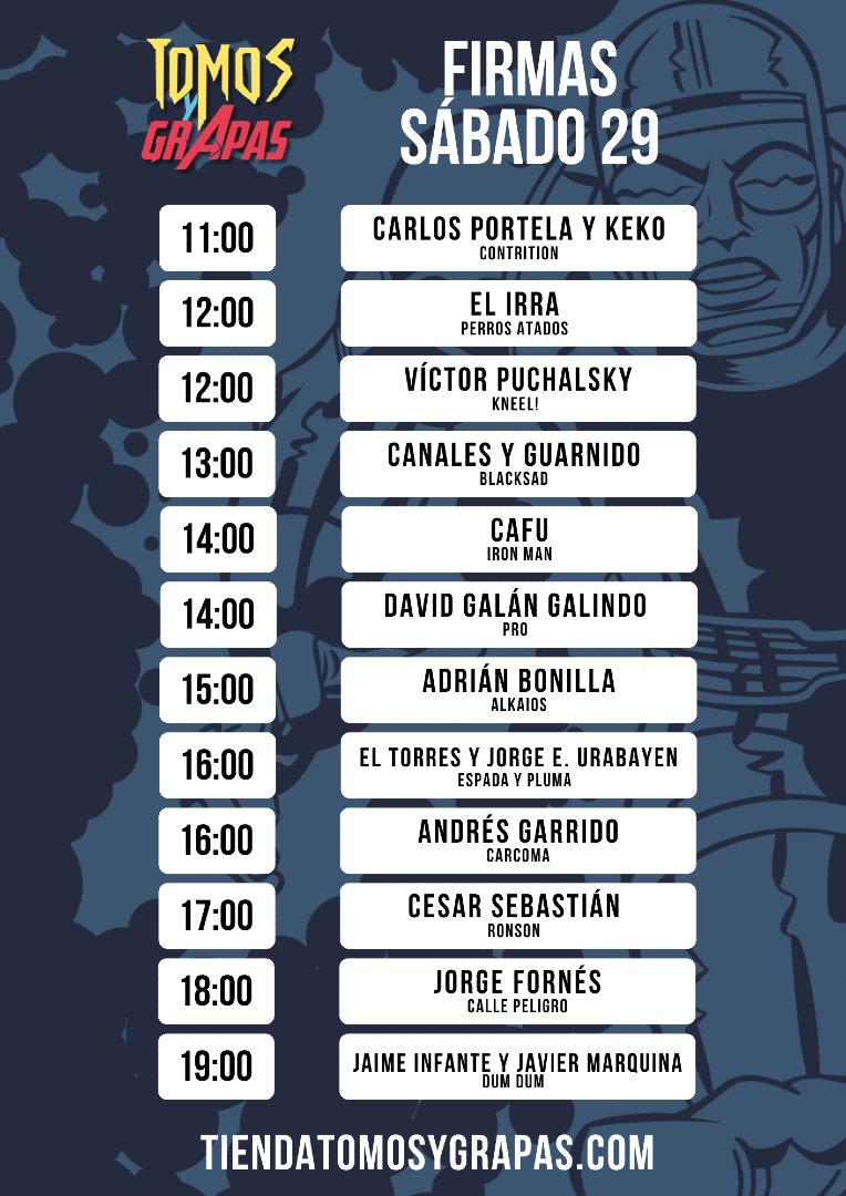 Atención: <a href="/irra1979/">IRRA</a> va a estar firmando este fin de semana en la caseta de <a href="/TomosyGrapas/">Tomos y Grapas Cómics</a> de la Feria del Cómic que se celebra en el Matadero de Madrid. Los horarios: viernes 28 a las 18:00 y sábado 29 a las 12:00.