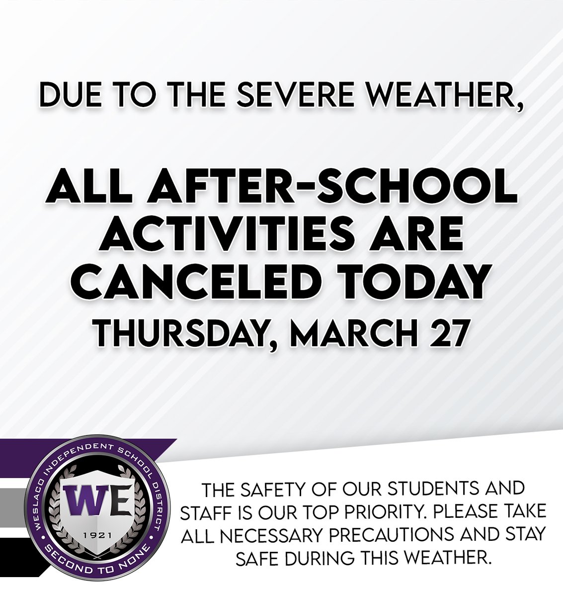 🚨 Weather Alert 🚨

Due to the severe weather, all after-school activities are canceled today.

The safety of our students and staff is our top priority. Please take all necessary precautions and stay safe during this weather.

Thank you for your understanding! ⛈️⚠️
