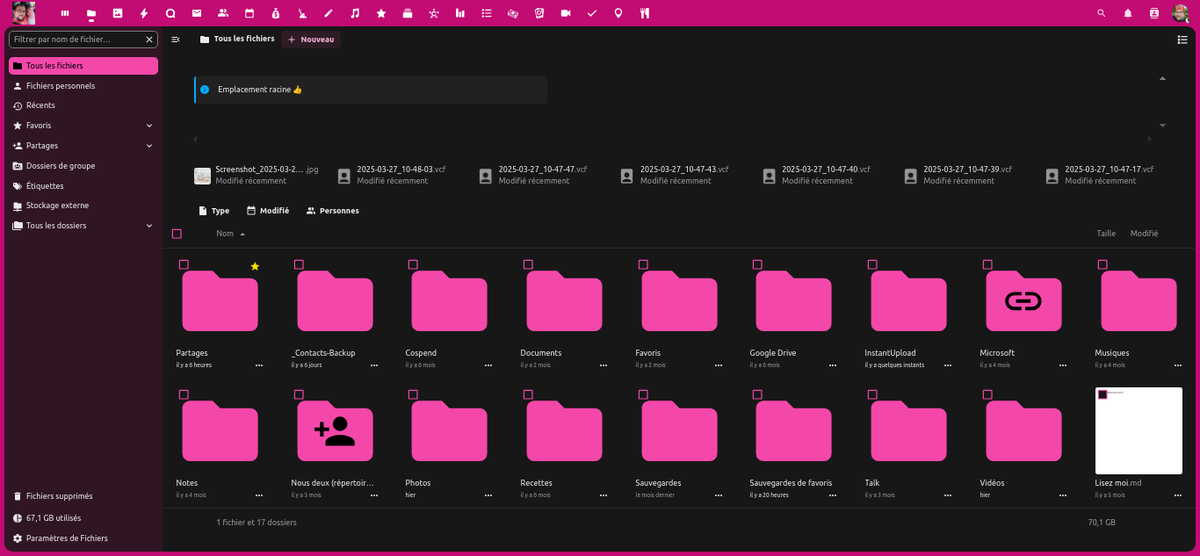 BlablaLinux's tweet image. 1/2
La solution logicielle dont je suis le plus fier, et dont je prends particulièrement soin, c'est mon #Nextcloud personnel ❗
Pourquoi ❓
Par ce que ce n'est pas de la #virtualisation 😉
C'est une bonne veille installation directement sur la machine, avec #Ubuntu #Server 🤙