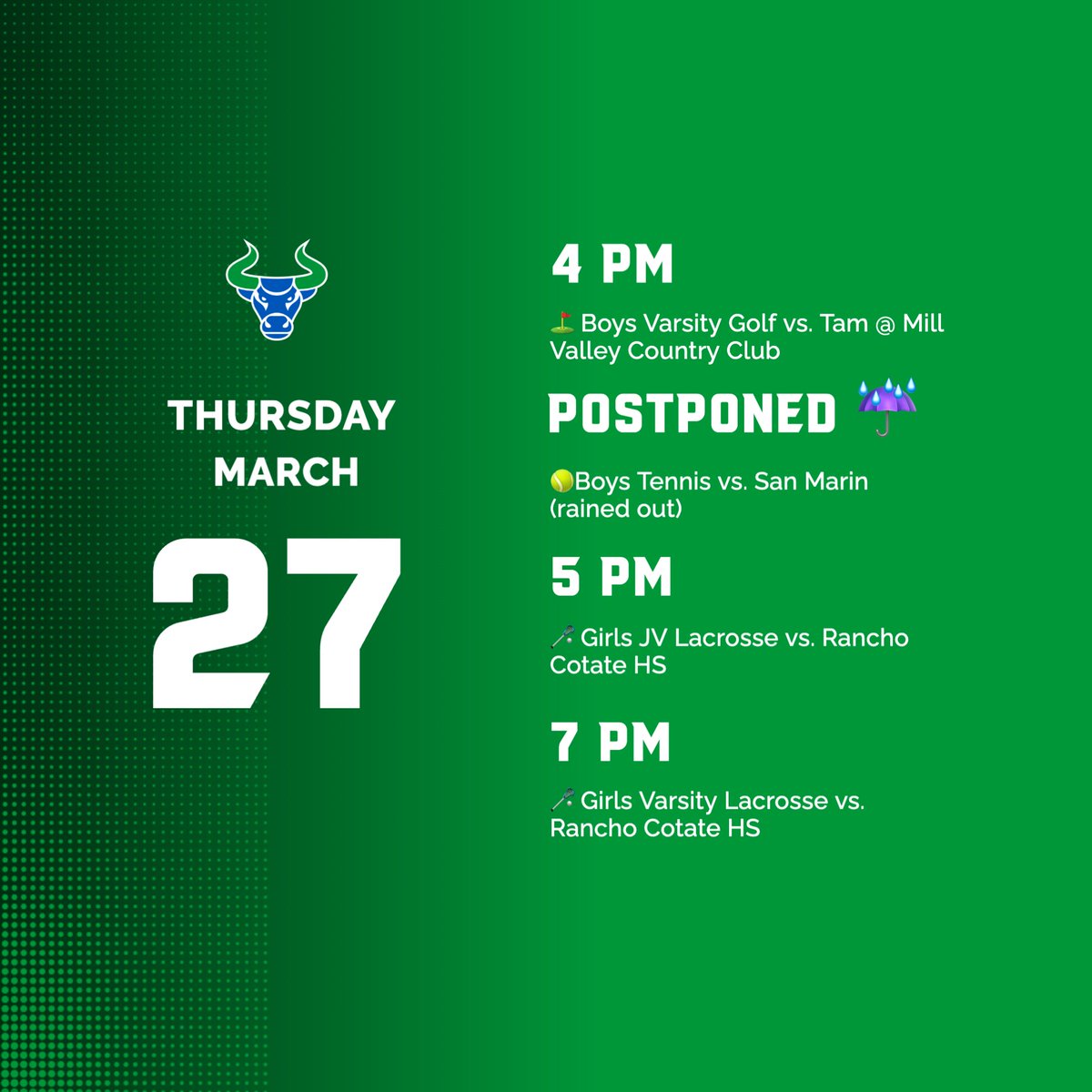 Bulls in action today ⛳🥍

🎾 Note: Boys Varsity Tennis match originally scheduled for this afternoon was postponed due to rain.