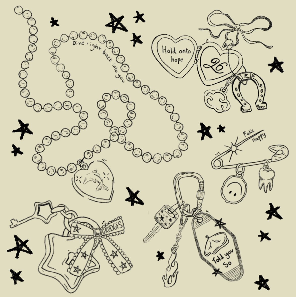 PetalsforChloe's tweet image. Paramore doodles in the form of Jewellery/trinkets/charms 💫