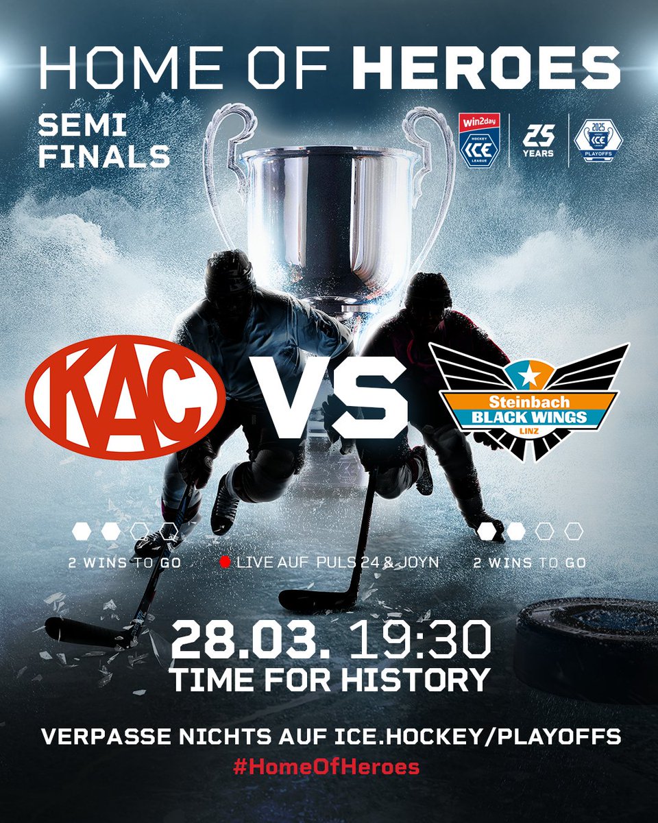 On the fifth semi-final matchday of the win2day ICE Hockey League, EC Red Bull Salzburg has the first chance to advance to the final. With the score tied at 2:2, the series between the EC-KAC and Steinbach Black Wings Linz enters its fifth act.

#HomeOfHeroes