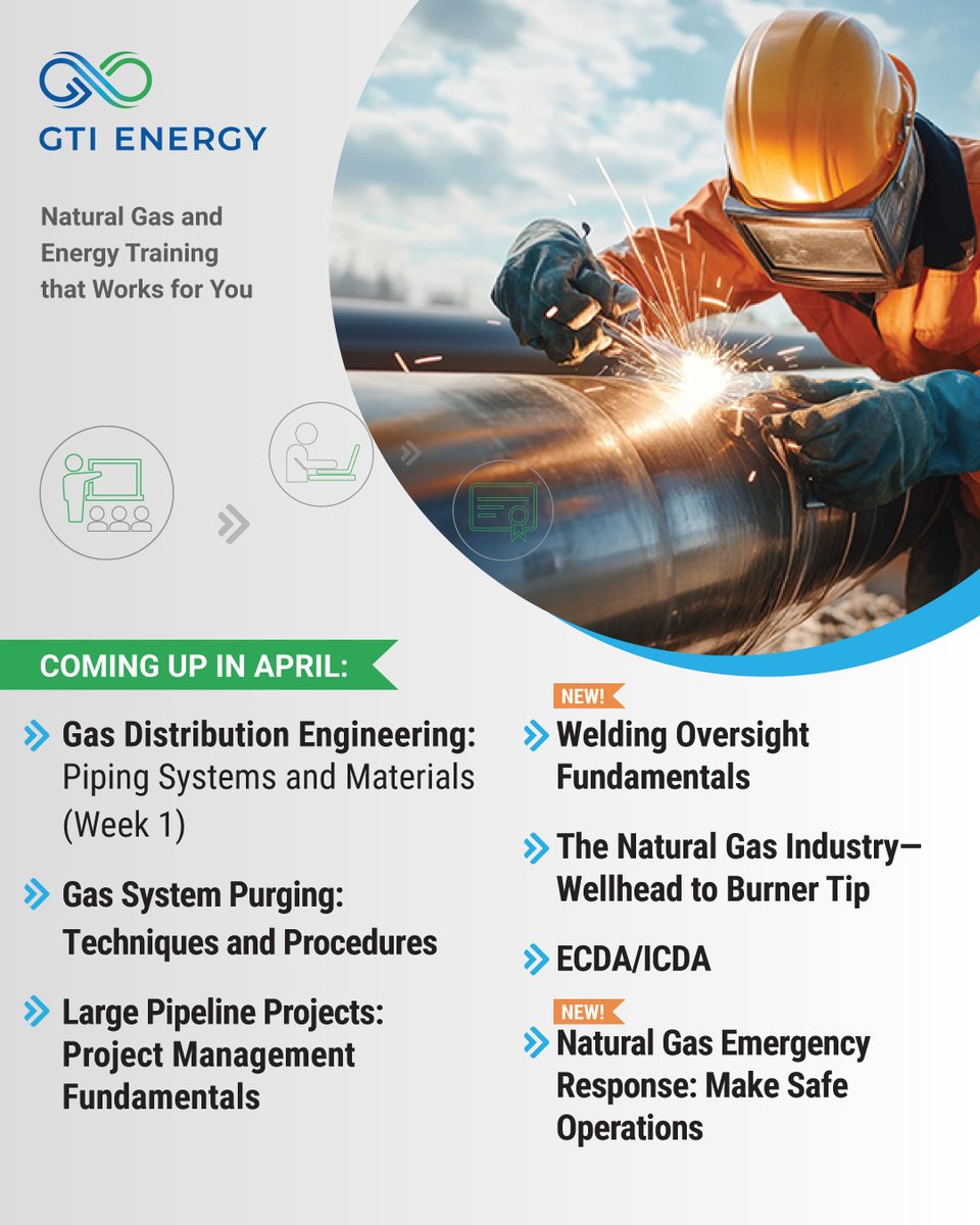 GTIeducation's tweet image. April is right around the corner; now’s the time to invest in your professional growth. Whether you prefer in-person or virtual learning, our expert-led courses are designed to sharpen your knowledge of natural gas systems. Get 15% off: "TAKE15_2025". 🔗 bit.ly/4hPfLog