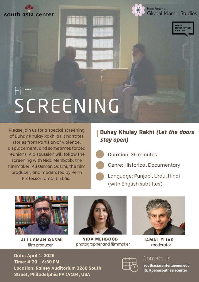 Please join us for a special screening of Buhay Khulay Rakhi (Let the Doors Stay Open) and a post-screening discussion with Nida Mehboob, the filmmaker, and Ali Usman Qasmi, the film producer, moderated by Penn Professor Jamal J. Elias. 

April 1, 4:30-6 PM
Rainey Auditorium