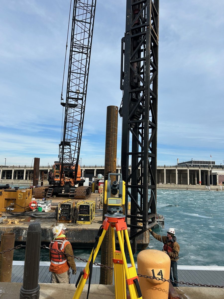 MidAmCarpenters's tweet image. Union Piledrivers are hard at work in icy Lake Michigan  building a new marina on the north side of Chicago's Navy Pier. Not quite beach weather yet but that's not going to stop our members from getting the job done! #MACRC #JFBrennan #Piledrivers